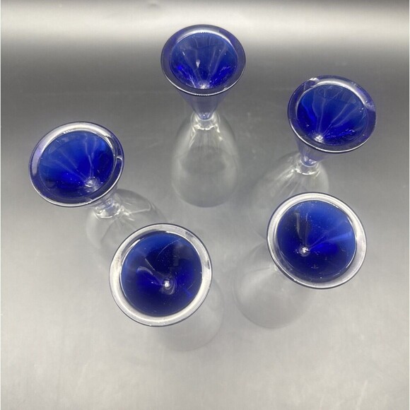 VTG Sasaki Glass Eon Cobalt Blue Base Water Wine 7.5”Goblet 8 Oz Set Of 5 - Picture 3 of 5